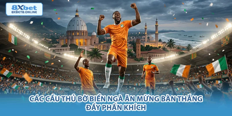 Các cầu thủ Bờ Biển Ngà ăn mừng bàn thắng đầy phấn khích.