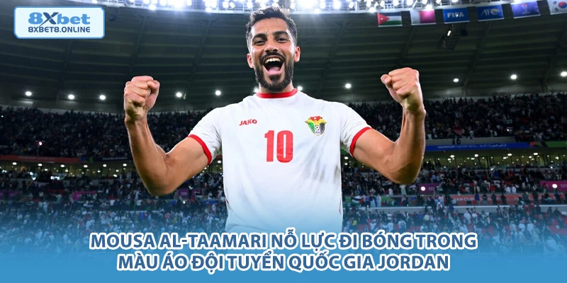 Mousa Al-Taamari nỗ lực đi bóng trong màu áo đội tuyển quốc gia Jordan.