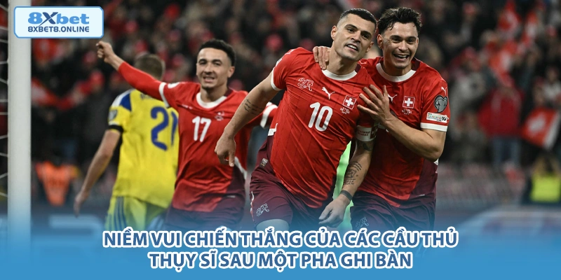 Niềm vui chiến thắng của các cầu thủ Thụy Sĩ sau một pha ghi bàn.